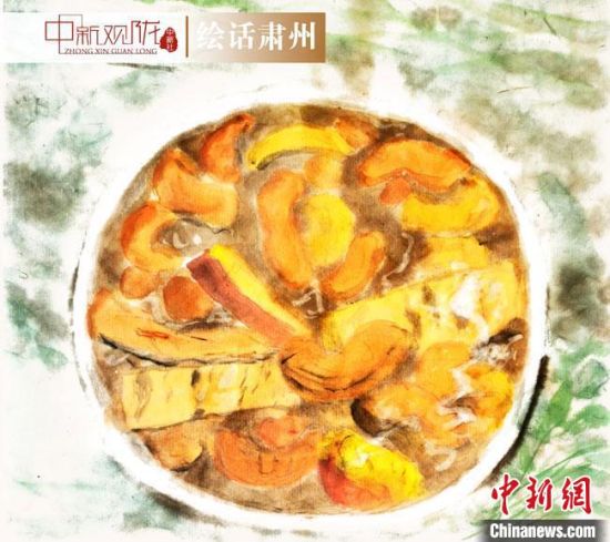 圖為酒泉美食“糊鍋”繪畫作品?！《排d彥 攝